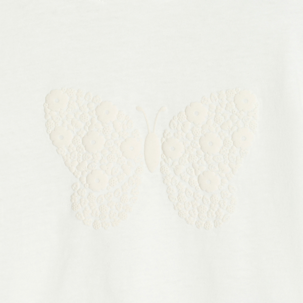 تيشيرت بأكمام مكشكشة، مرسوم عليه فراشة، أبيض اللون، للطفلة الصغيرة